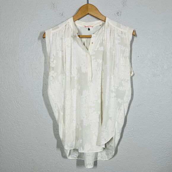 Rebecca Taylor Silk Floral Top V Neck Ivory White Embossed Snap Pleat - 4 - Picture 3 of 6
